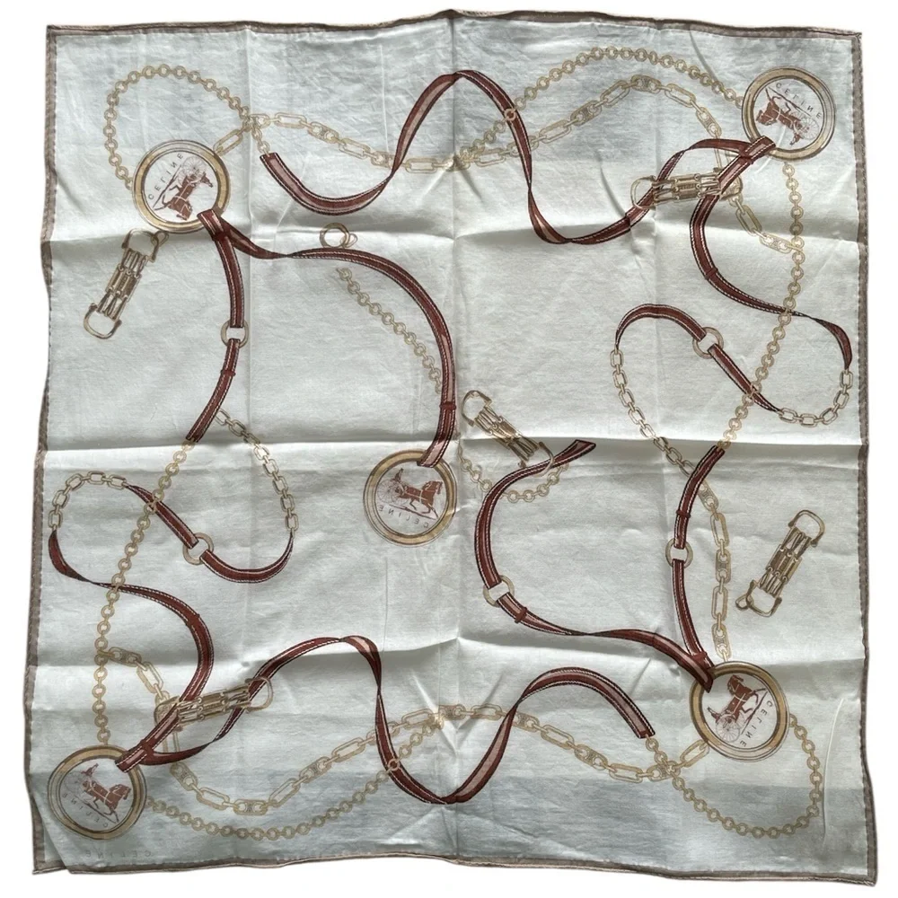 Authentic Celine Vintage Equestrian Chain Print Handkerchief in White and Brown